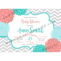 Floral Coral Turquoise Baby Shower Invitation,modern typographic baby shower invitation,(01bbg)